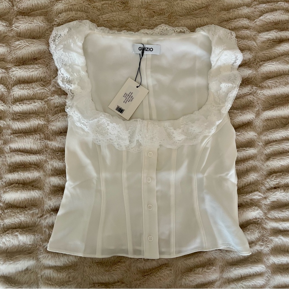 Danielle Guizio White Lace Trim Blouse